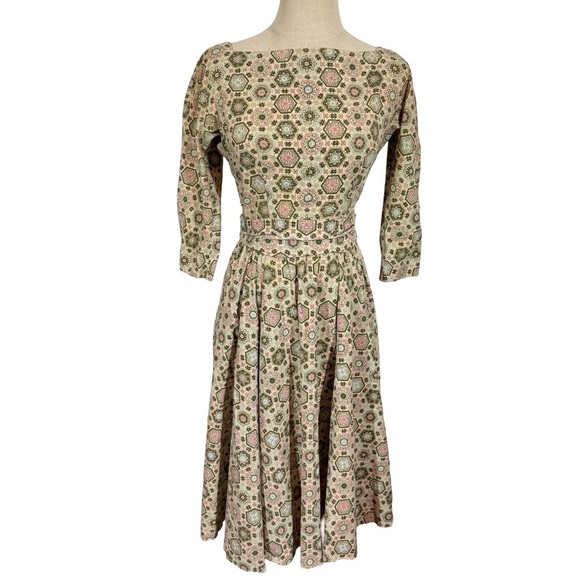 True Vintage Jeanne D’Arc 50s 60s Fit and Flare Geometric Patterned Day Dress - Picture 13 of 16
